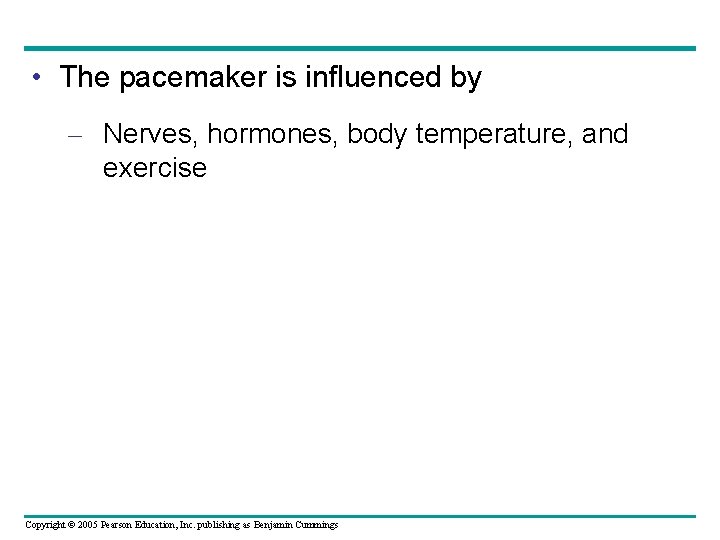  • The pacemaker is influenced by – Nerves, hormones, body temperature, and exercise