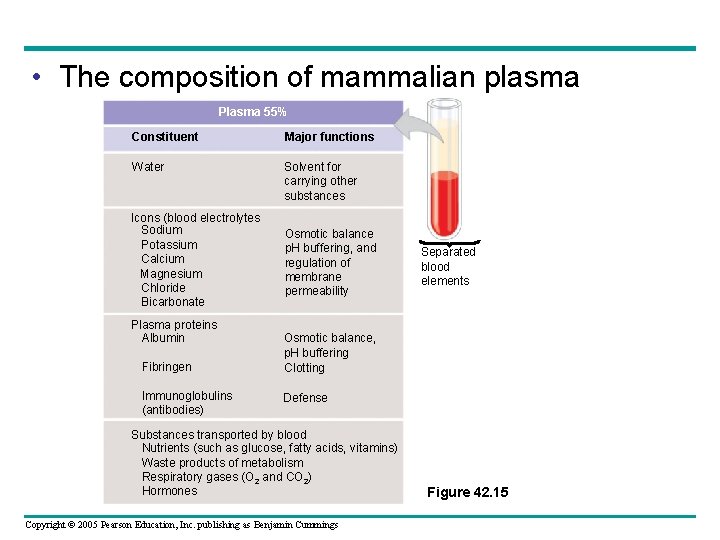  • The composition of mammalian plasma Plasma 55% Constituent Major functions Water Solvent