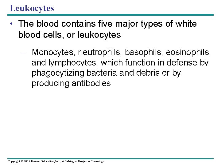 Leukocytes • The blood contains five major types of white blood cells, or leukocytes