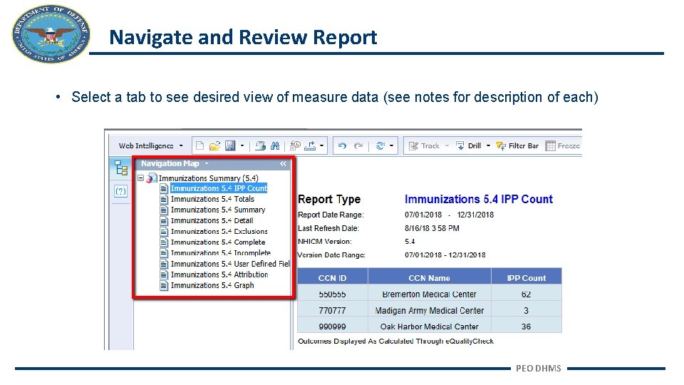Navigate and Review Report • Select a tab to see desired view of measure