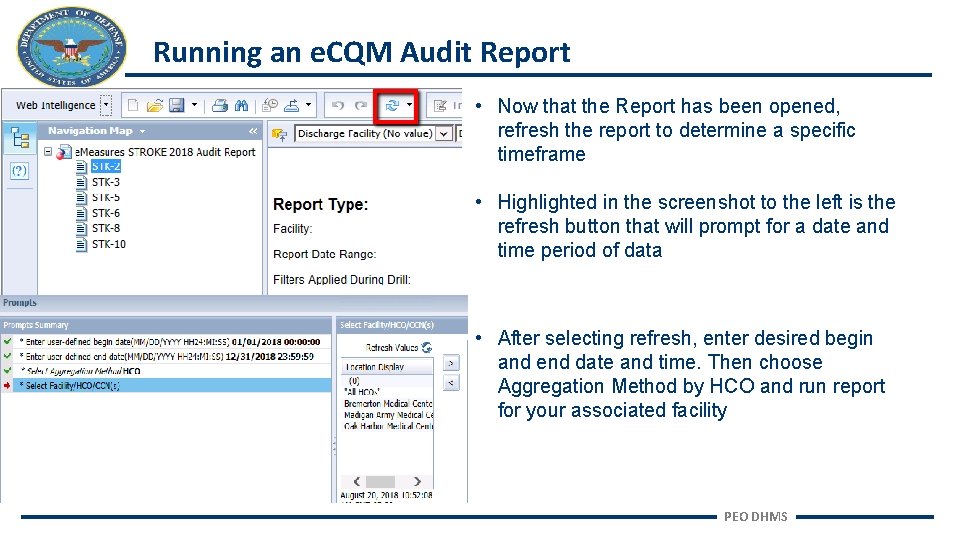 Running an e. CQM Audit Report • Now that the Report has been opened,