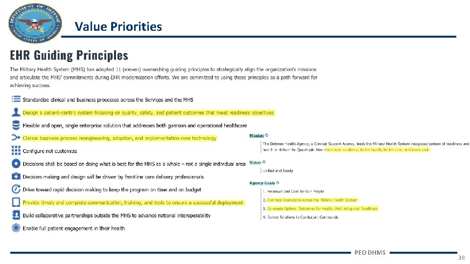 Value Priorities PEO DHMS 38 
