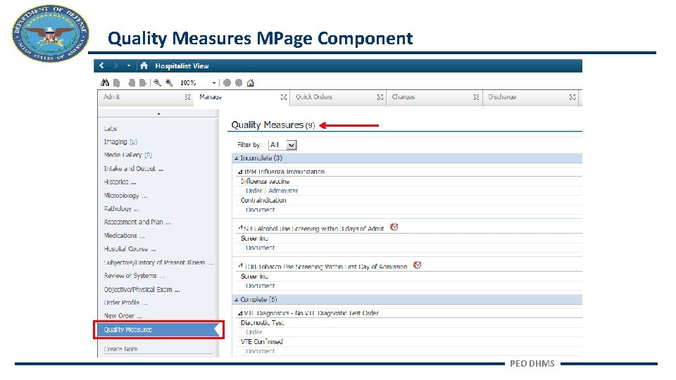 Quality Measures MPage Component PEO DHMS 