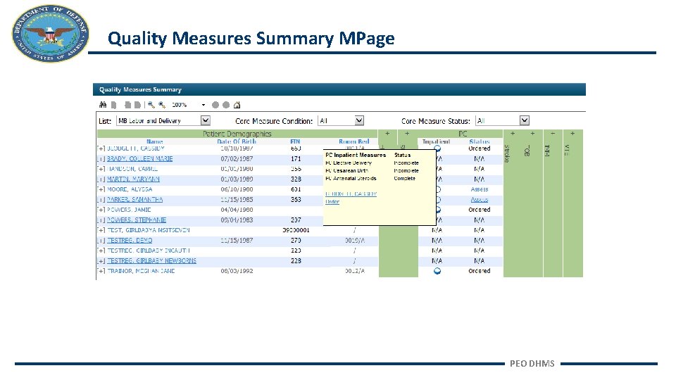 Quality Measures Summary MPage PEO DHMS 
