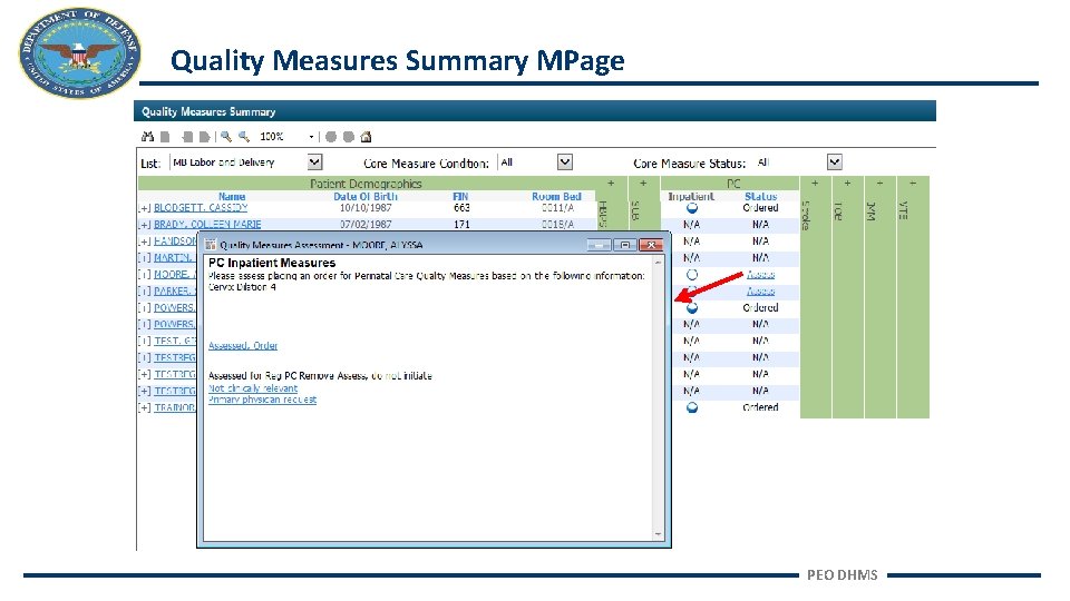 Quality Measures Summary MPage PEO DHMS 