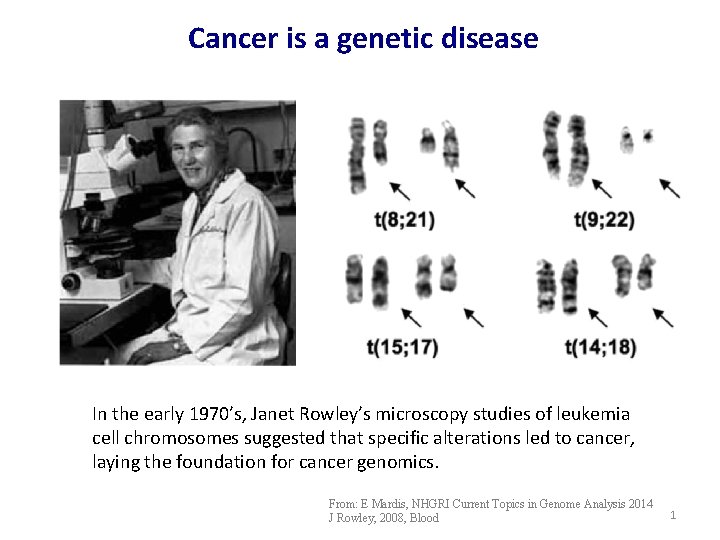 Cancer is a genetic disease In the early 1970’s, Janet Rowley’s microscopy studies of