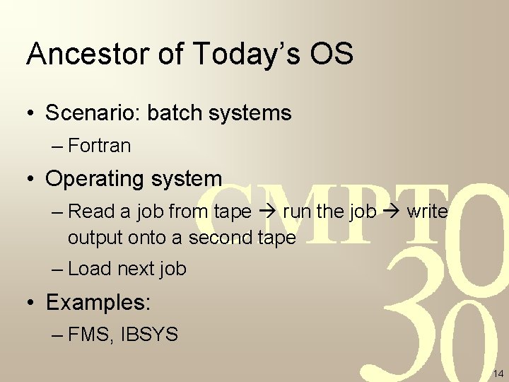 Ancestor of Today’s OS • Scenario: batch systems – Fortran • Operating system – Ancestor of Today’s OS • Scenario: batch systems – Fortran • Operating system –