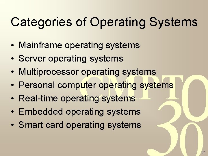 Categories of Operating Systems • • Mainframe operating systems Server operating systems Multiprocessor operating Categories of Operating Systems • • Mainframe operating systems Server operating systems Multiprocessor operating