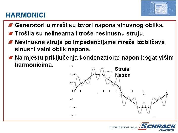 HARMONICI Generatori u mreži su izvori napona sinusnog oblika. Trošila su nelinearna i troše