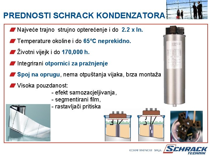 PREDNOSTI SCHRACK KONDENZATORA Najveće trajno strujno opterećenje i do 2. 2 x In. Temperature