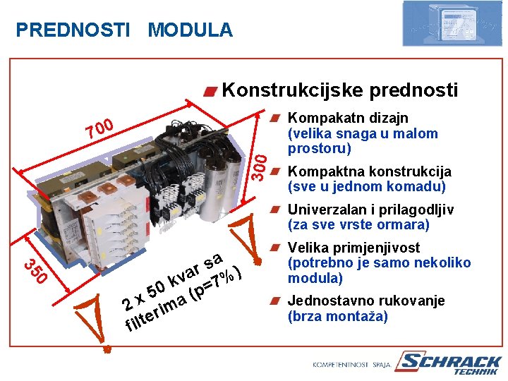 PREDNOSTI MODULA Konstrukcijske prednosti 300 700 Kompakatn dizajn (velika snaga u malom prostoru) Kompaktna