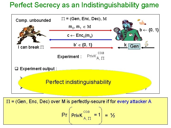 Perfect Secrecy as an Indistinguishability game Comp. unbounded = (Gen, Enc, Dec), M m