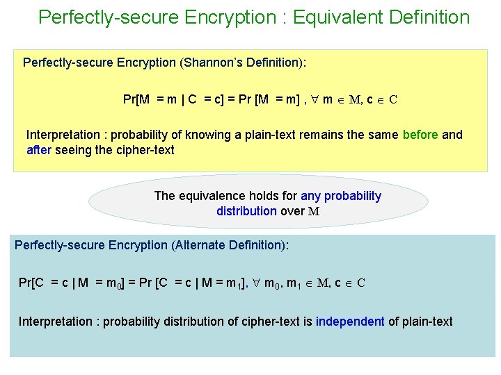 Perfectly-secure Encryption : Equivalent Definition Perfectly-secure Encryption (Shannon’s Definition): Pr[M = m | C