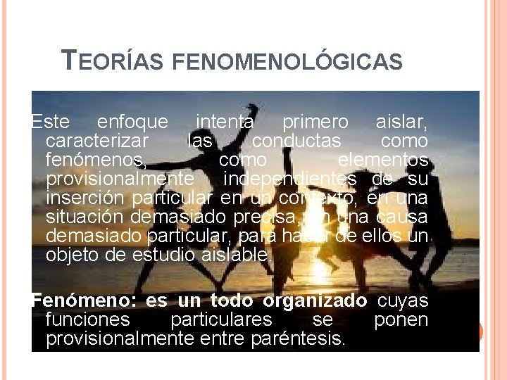 TEORÍAS FENOMENOLÓGICAS Este enfoque intenta primero aislar, caracterizar las conductas como fenómenos, como elementos