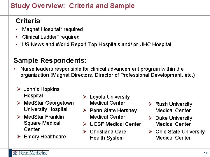 Study Overview: Criteria and Sample Criteria: • Magnet Hospital* required • Clinical Ladder* required