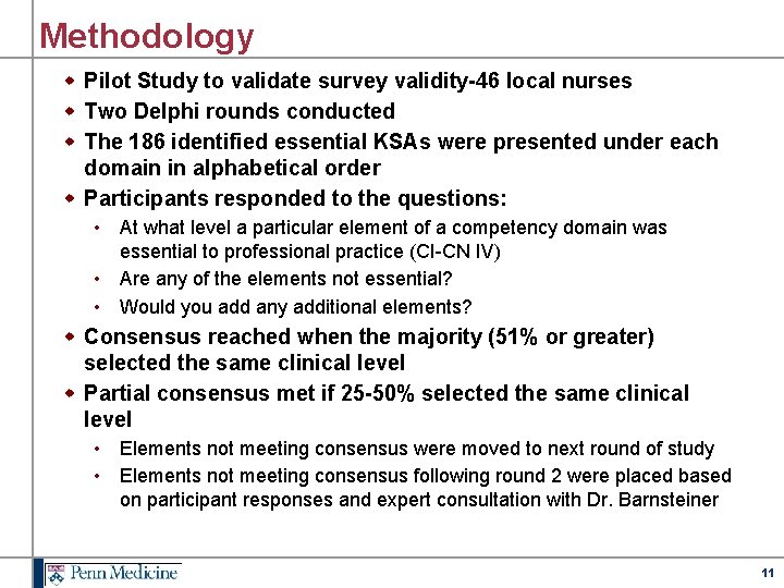 Methodology w Pilot Study to validate survey validity-46 local nurses w Two Delphi rounds