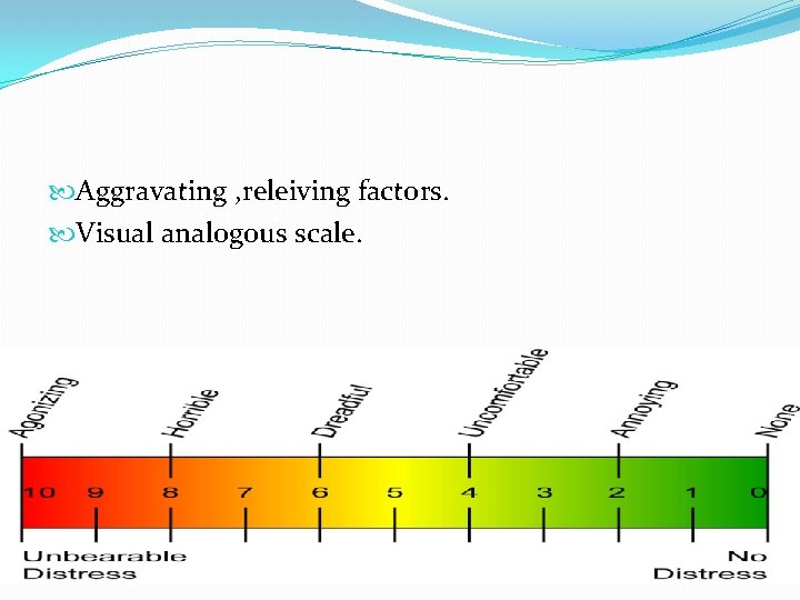  Aggravating , releiving factors. Visual analogous scale. 