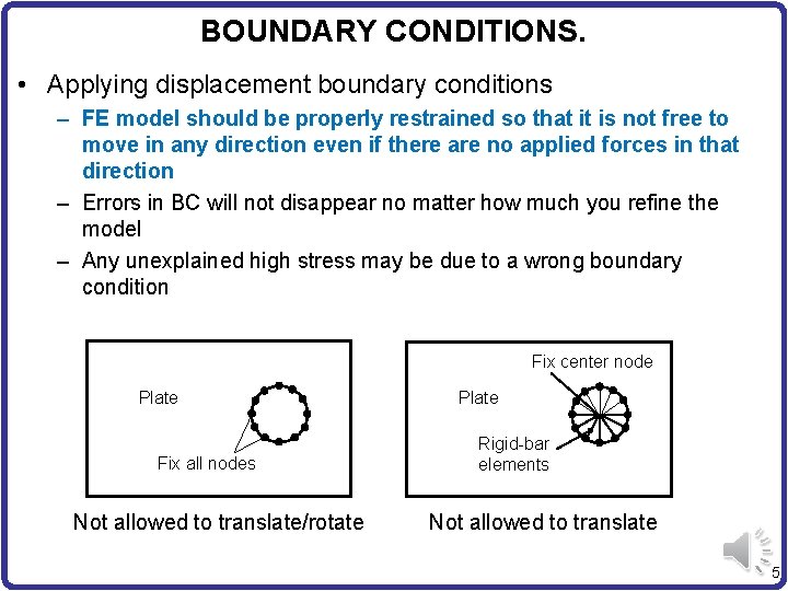 BOUNDARY CONDITIONS. • Applying displacement boundary conditions – FE model should be properly restrained