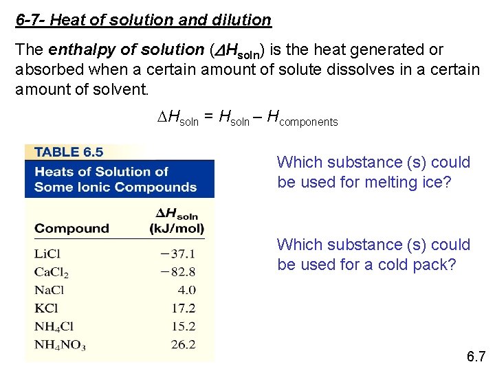 6 -7 - Heat of solution and dilution The enthalpy of solution (DHsoln) is