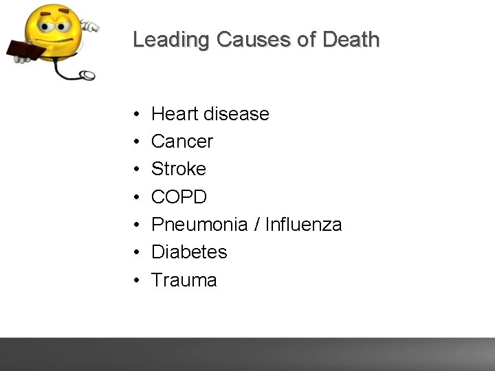 Leading Causes of Death • • Heart disease Cancer Stroke COPD Pneumonia / Influenza