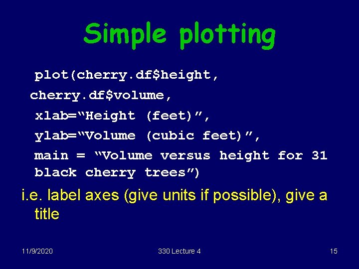 Simple plotting plot(cherry. df$height, cherry. df$volume, xlab=“Height (feet)”, ylab=“Volume (cubic feet)”, main = “Volume