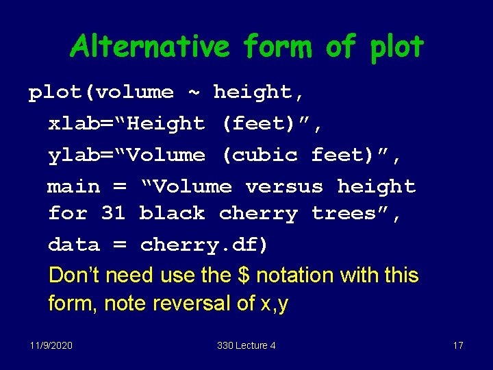 Alternative form of plot(volume ~ height, xlab=“Height (feet)”, ylab=“Volume (cubic feet)”, main = “Volume