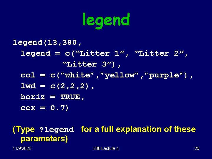 legend(13, 380, legend = c(“Litter 1”, “Litter 2”, “Litter 3”), col = c("white", "yellow",