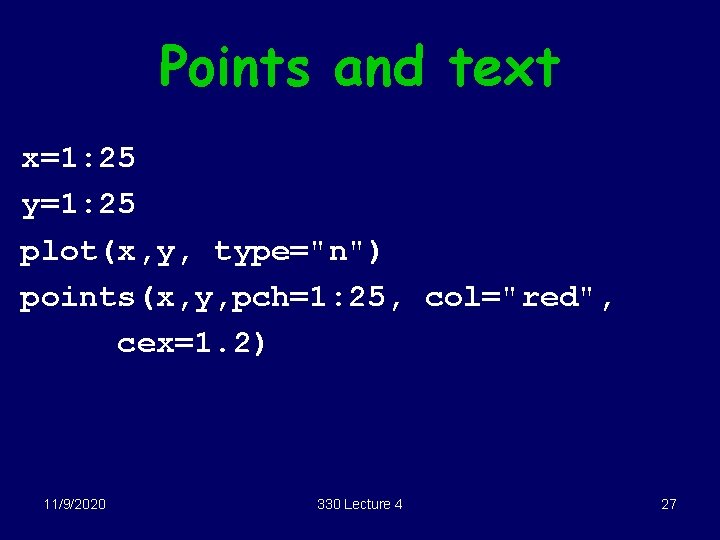 Points and text x=1: 25 y=1: 25 plot(x, y, type="n") points(x, y, pch=1: 25,