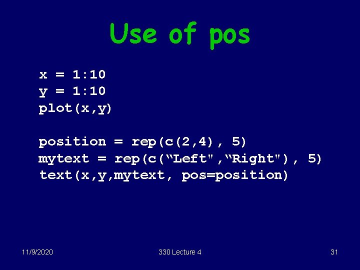 Use of pos x = 1: 10 y = 1: 10 plot(x, y) position