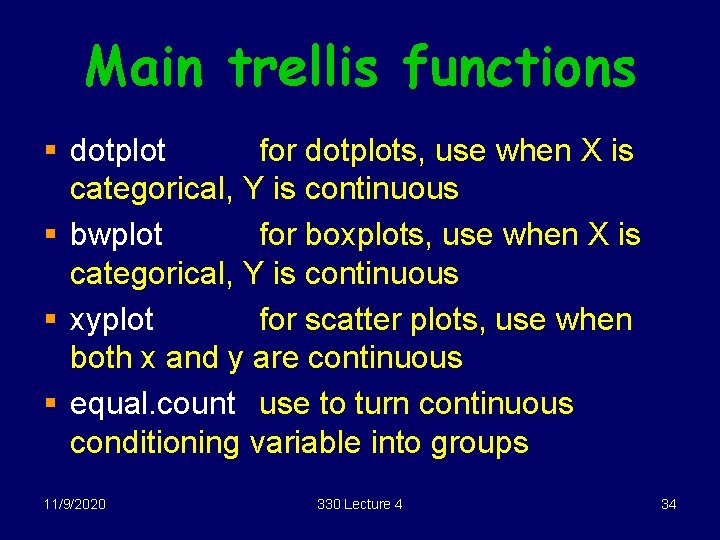 Main trellis functions § dotplot for dotplots, use when X is categorical, Y is