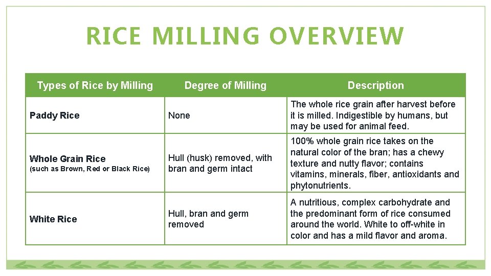 RICE MILLING OVERVIEW Types of Rice by Milling Paddy Rice Whole Grain Rice (such