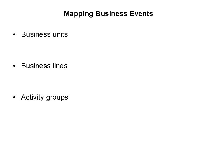 Mapping Business Events • Business units • Business lines • Activity groups 