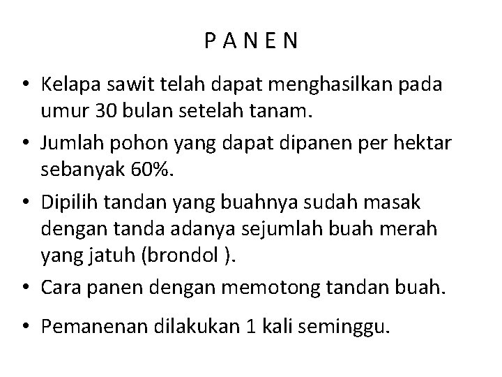 PANEN • Kelapa sawit telah dapat menghasilkan pada umur 30 bulan setelah tanam. •