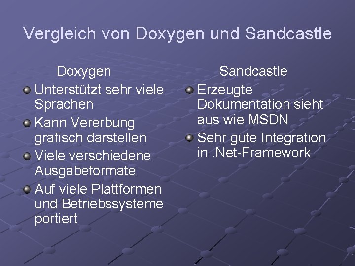Vergleich von Doxygen und Sandcastle Doxygen Unterstützt sehr viele Sprachen Kann Vererbung grafisch darstellen