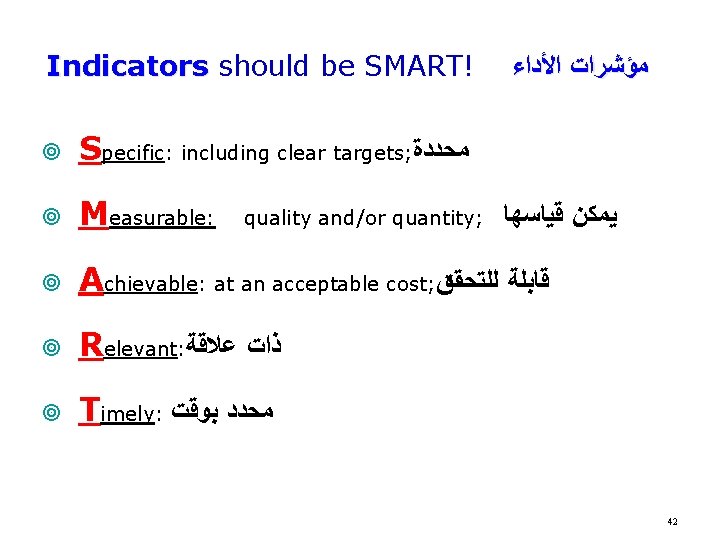 Indicators should be SMART! ﻣﺆﺸﺮﺍﺕ ﺍﻷﺪﺍﺀ ¥ Specific: including clear targets; ﻣﺤﺪﺩﺓ ¥ Measurable: Indicators should be SMART! ﻣﺆﺸﺮﺍﺕ ﺍﻷﺪﺍﺀ ¥ Specific: including clear targets; ﻣﺤﺪﺩﺓ ¥ Measurable: