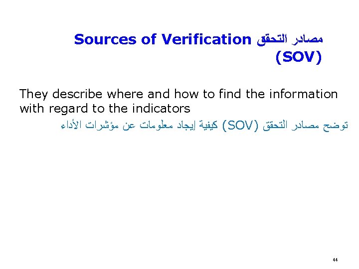Sources of Verification ﻣﺼﺎﺩﺭ ﺍﻟﺘﺤﻘﻖ (SOV) They describe where and how to find the Sources of Verification ﻣﺼﺎﺩﺭ ﺍﻟﺘﺤﻘﻖ (SOV) They describe where and how to find the