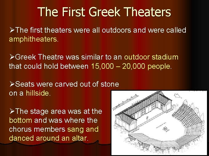 The First Greek Theaters ØThe first theaters were all outdoors and were called amphitheaters.