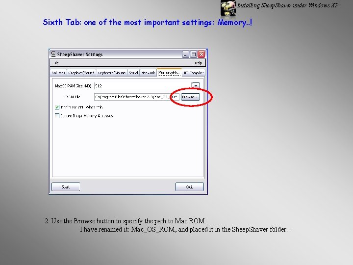 Installing Sheep. Shaver under Windows XP Sixth Tab: one of the most important settings: