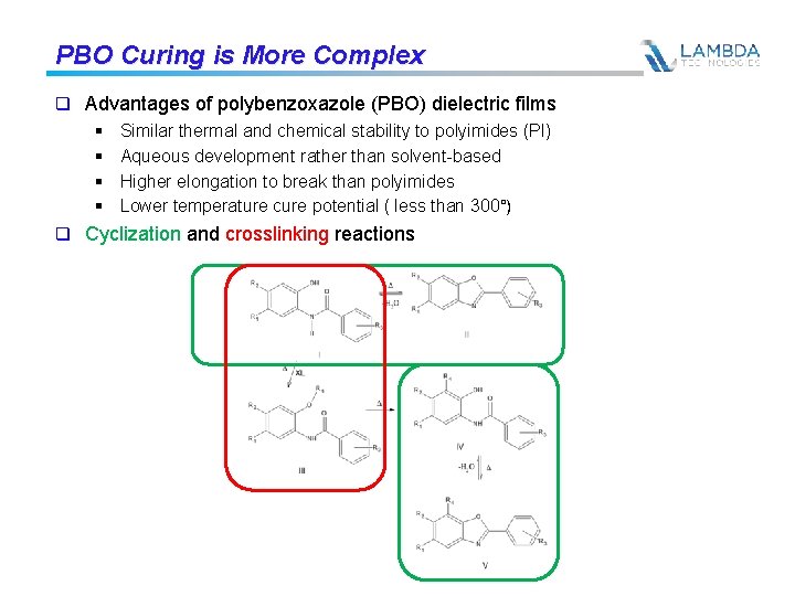 PBO Curing is More Complex q Advantages of polybenzoxazole (PBO) dielectric films § §