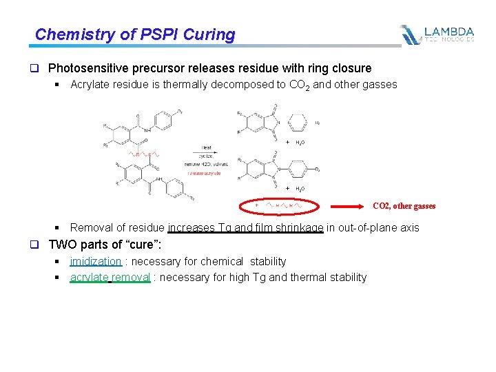 Chemistry of PSPI Curing q Photosensitive precursor releases residue with ring closure § Acrylate