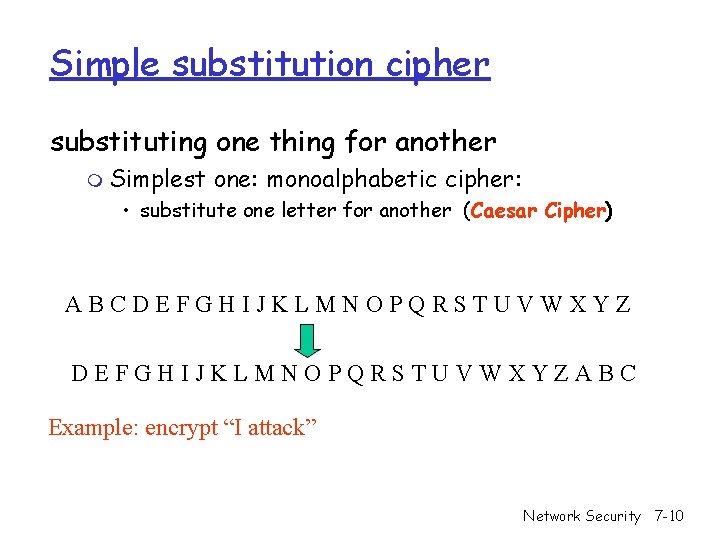 Simple substitution cipher substituting one thing for another m Simplest one: monoalphabetic cipher: • Simple substitution cipher substituting one thing for another m Simplest one: monoalphabetic cipher: •