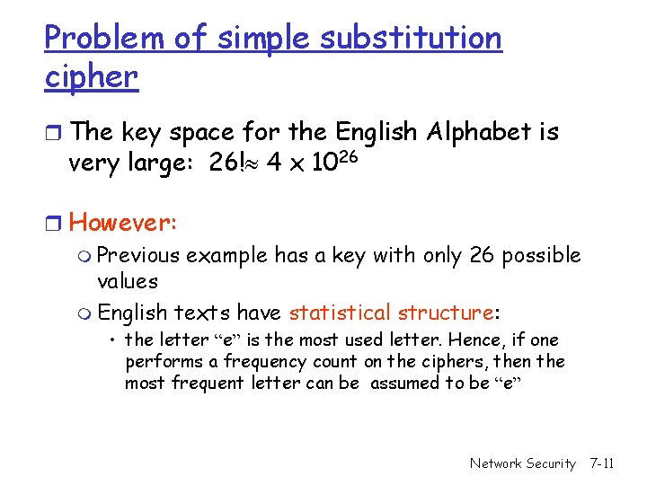Problem of simple substitution cipher r The key space for the English Alphabet is Problem of simple substitution cipher r The key space for the English Alphabet is