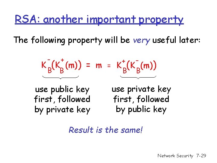 RSA: another important property The following property will be very useful later: - + RSA: another important property The following property will be very useful later: - +