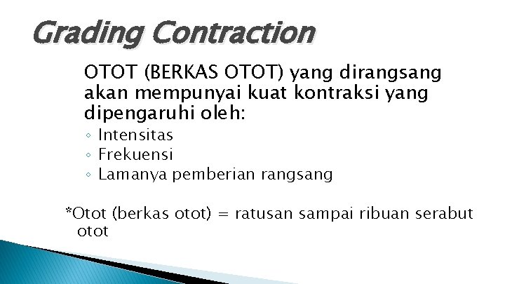 Grading Contraction OTOT (BERKAS OTOT) yang dirangsang akan mempunyai kuat kontraksi yang dipengaruhi oleh: