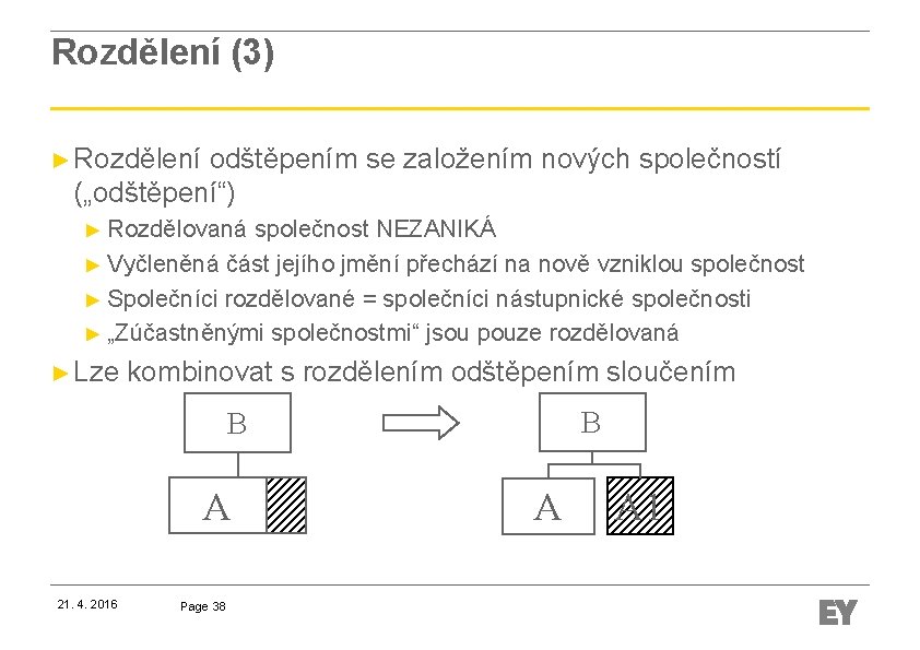 Rozdělení (3) ► Rozdělení odštěpením se založením nových společností („odštěpení“) ► Rozdělovaná společnost NEZANIKÁ