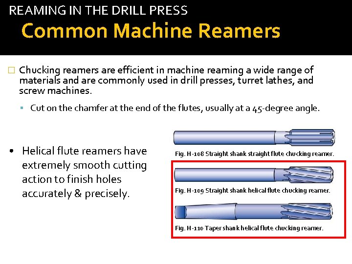 REAMING IN THE DRILL PRESS tab Common Machine Reamers � Chucking reamers are efficient