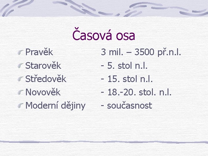 Časová osa Pravěk Starověk Středověk Novověk Moderní dějiny 3 mil. – 3500 př. n.