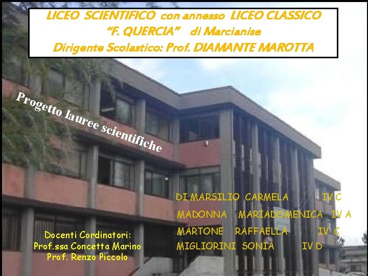 LICEO SCIENTIFICO con annesso LICEO CLASSICO “F. QUERCIA” di Marcianise Dirigente Scolastico: Prof. DIAMANTE