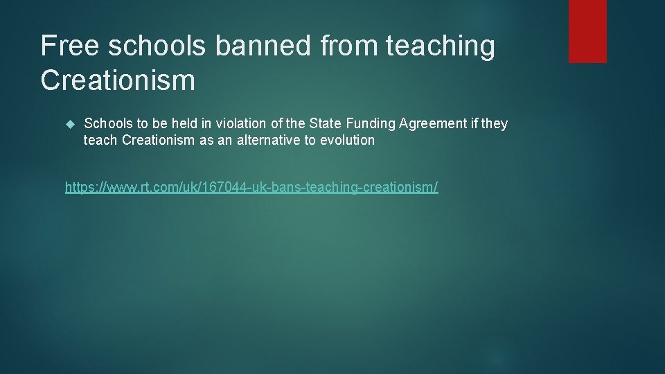 Free schools banned from teaching Creationism Schools to be held in violation of the