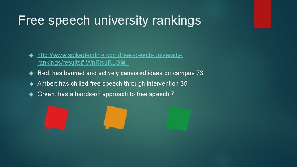 Free speech university rankings http: //www. spiked-online. com/free-speech-universityrankings/results#. Wn. Rlsu. RLGM_ Red: has banned